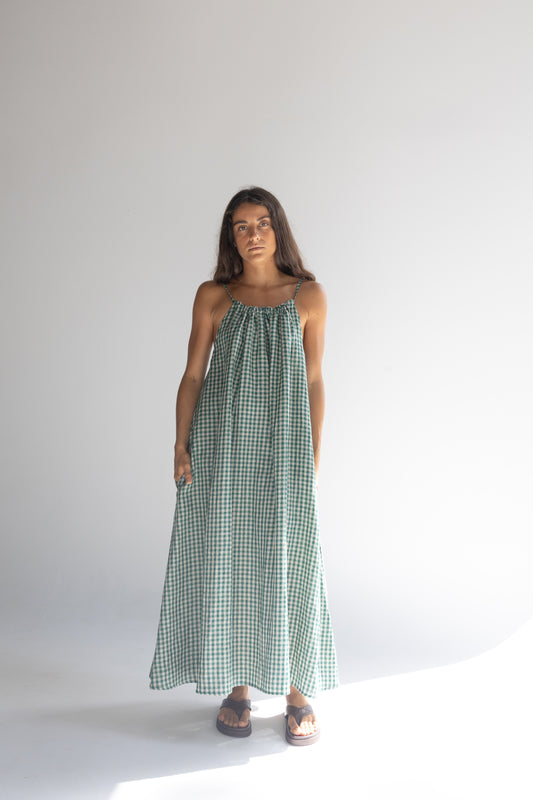 Linen Maxi Dress - Green Check