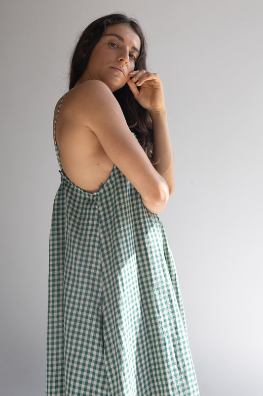 Linen Maxi Dress - Green Check