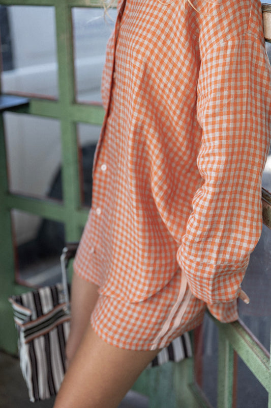 Linen Oversized Shirt - Peach Check