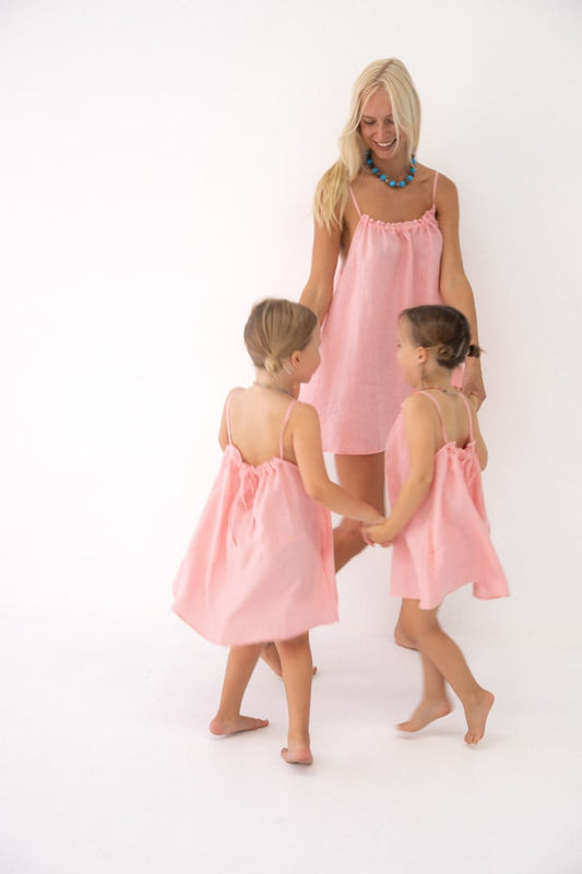 Girls Linen Dress - Coral Pink