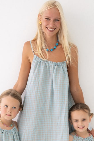 Girls Linen Dress - Blue Check