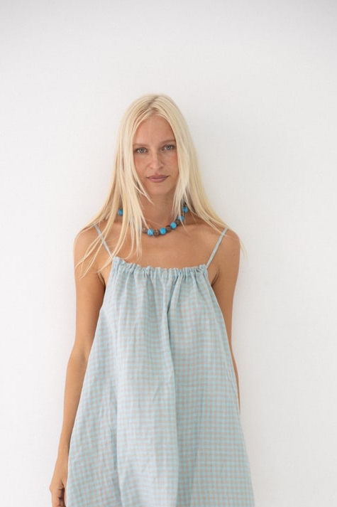 Linen Mini Dress - Blue Check