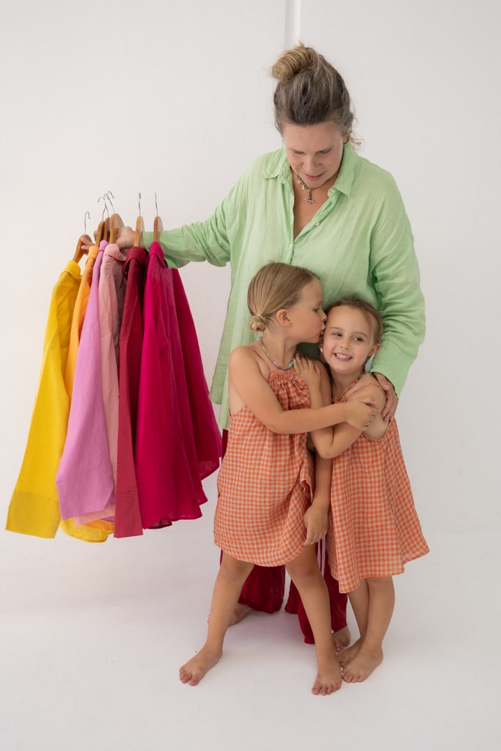 Girls Linen Dress - Peach Check