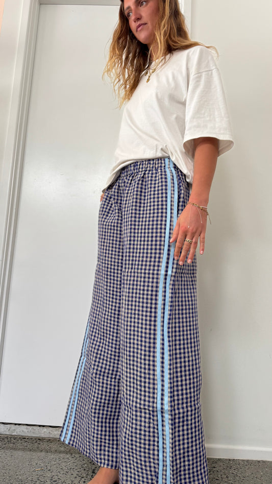 100% Linen Pant - Navy Blue Check