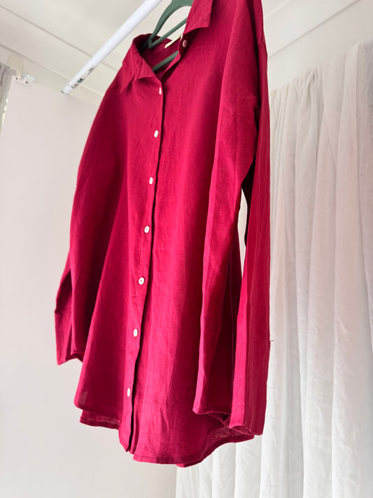 Linen Oversized Shirt - Claret
