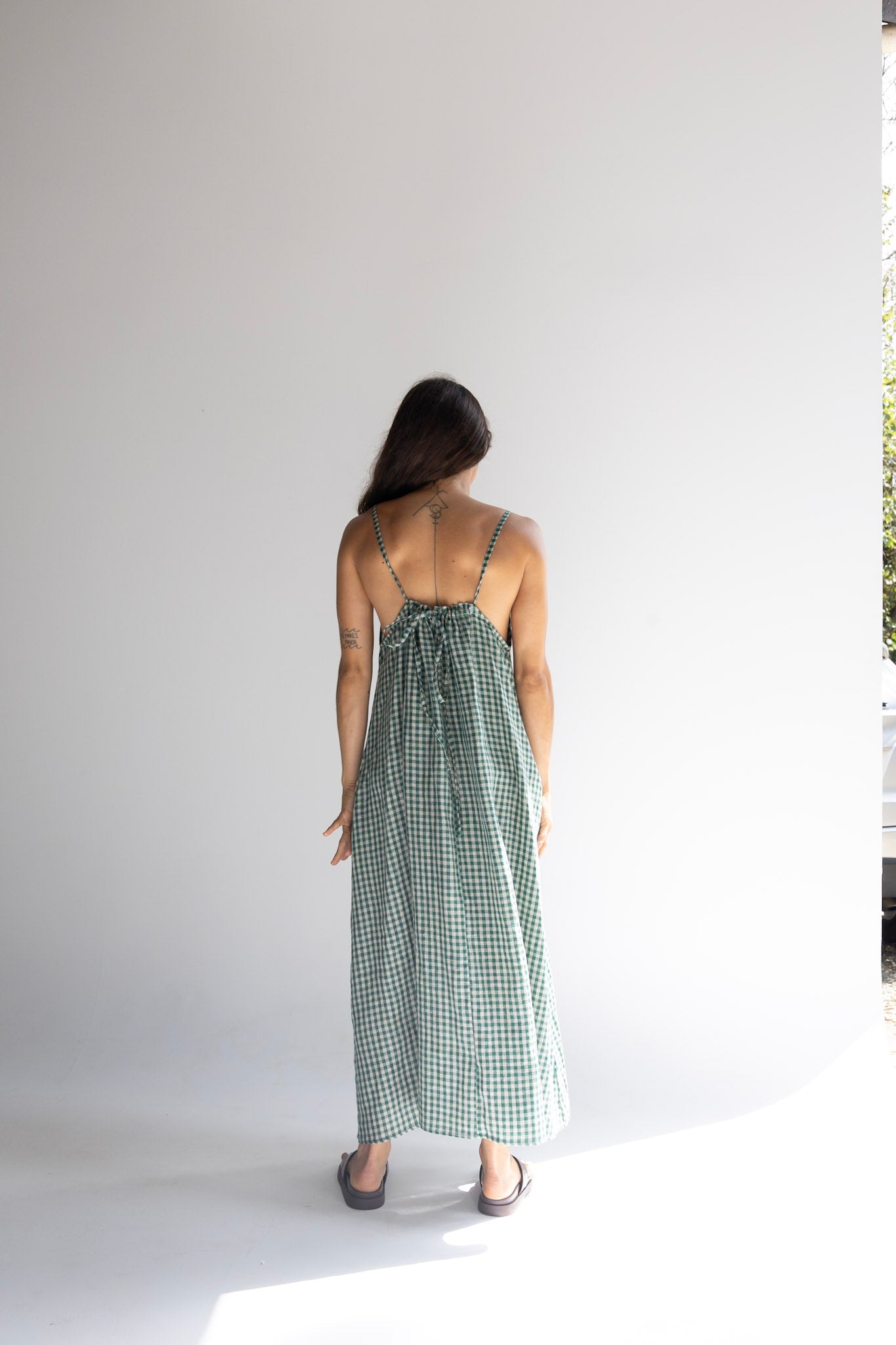 Linen Maxi Dress - Green Check