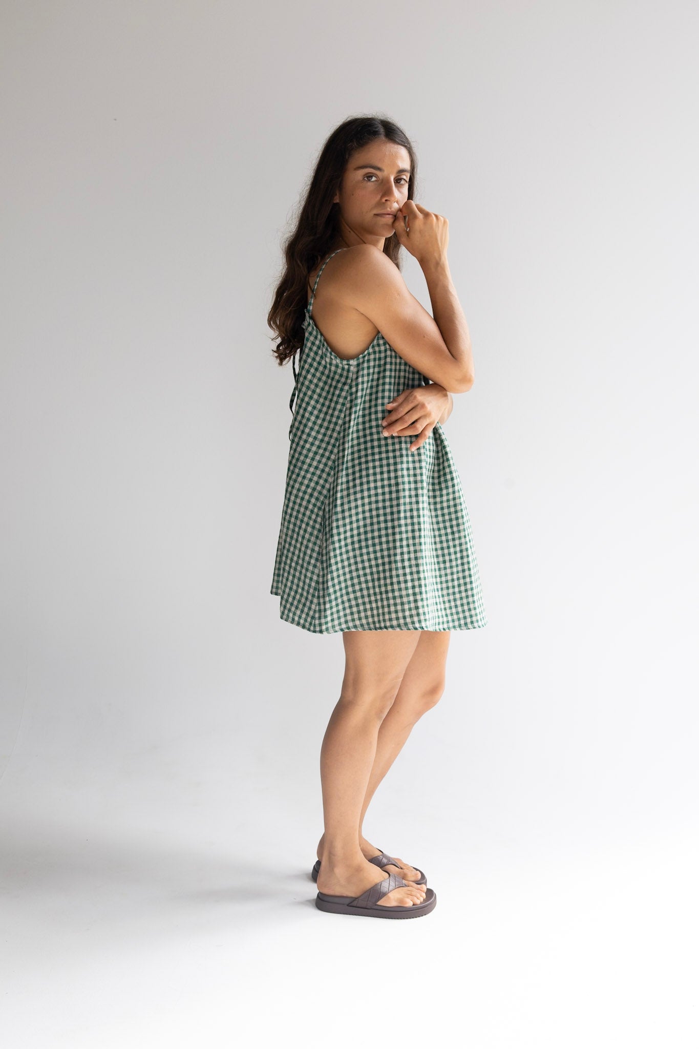 Linen Mini Dress - Green Check