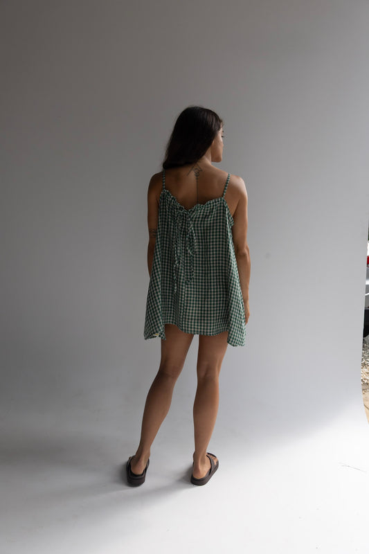 Linen Mini Dress - Green Check