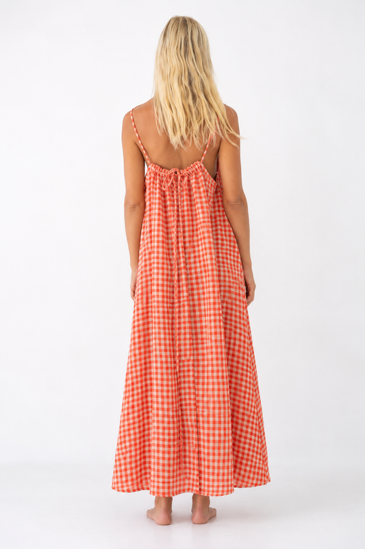 Peach Check linen maxi dress — full-length back view on blonde model, digitally created product preview