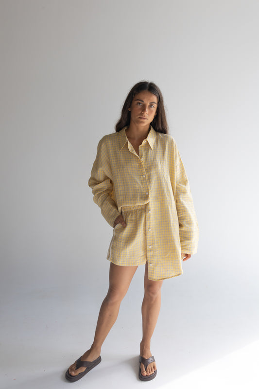 Linen Overszied Shirt - Butter Check