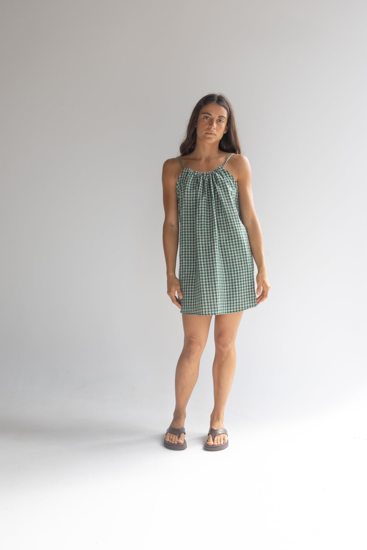 Linen Mini Dress - Green Check