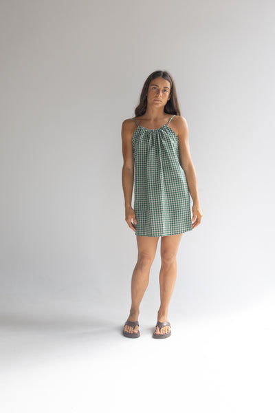Linen Mini Dress - Green Check