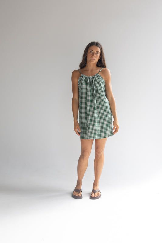 Linen Mini Dress - Green Check