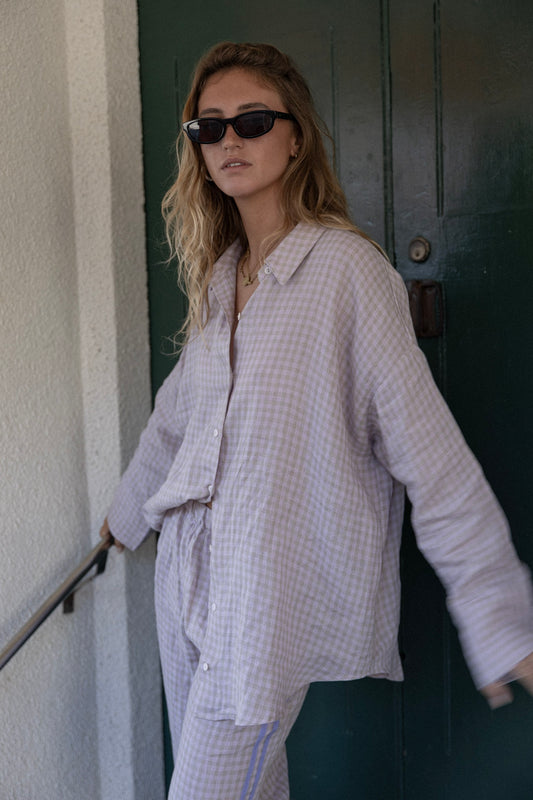 Linen Oversized Shirt - Lilac Check