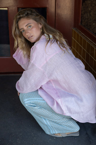 100% Linen Pant - Blue Check