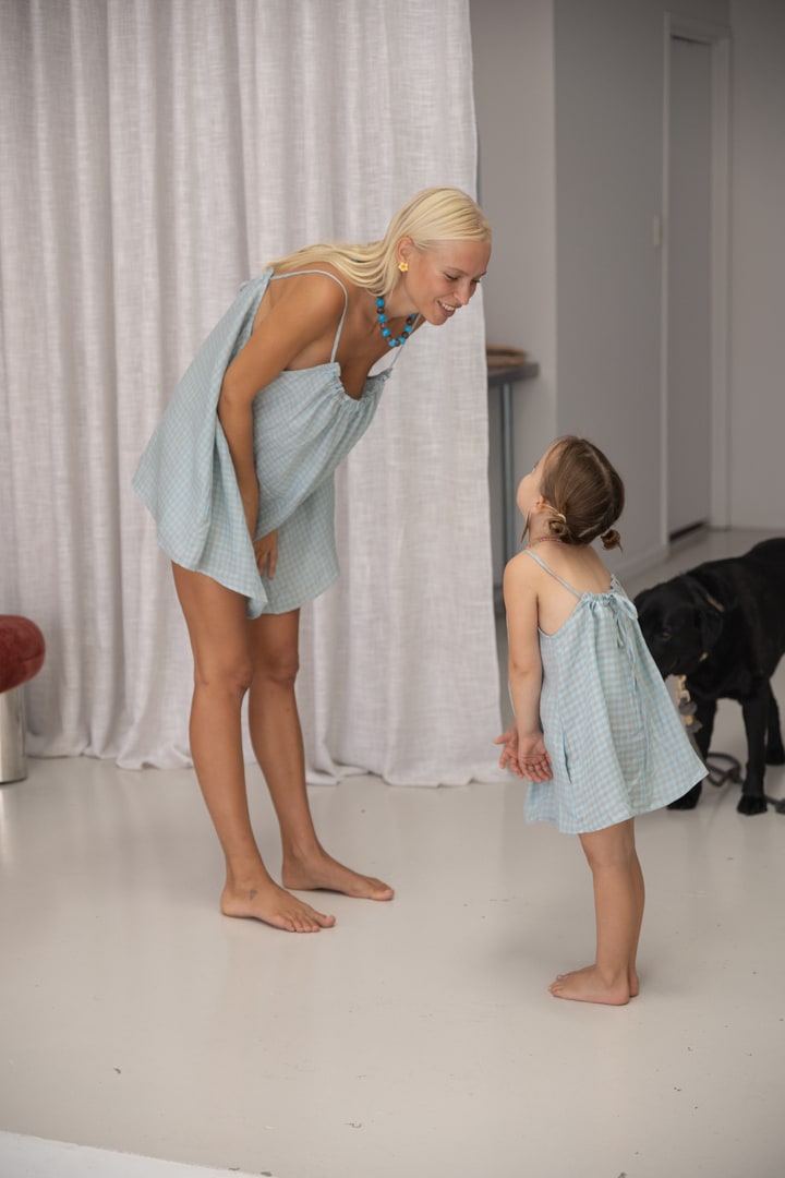 Linen Mini Dress - Blue Check