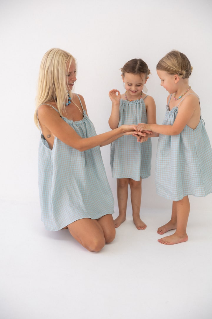 Girls Linen Dress - Blue Check