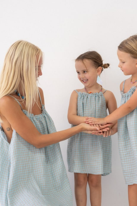 Girls Linen Dress - Blue Check