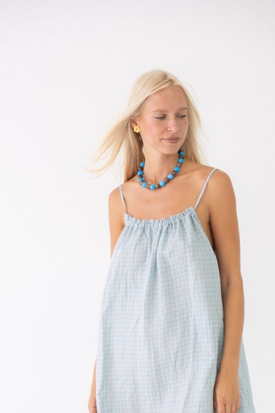 Linen Mini Dress - Blue Check