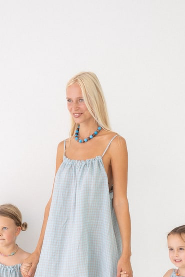 Linen Mini Dress - Blue Check