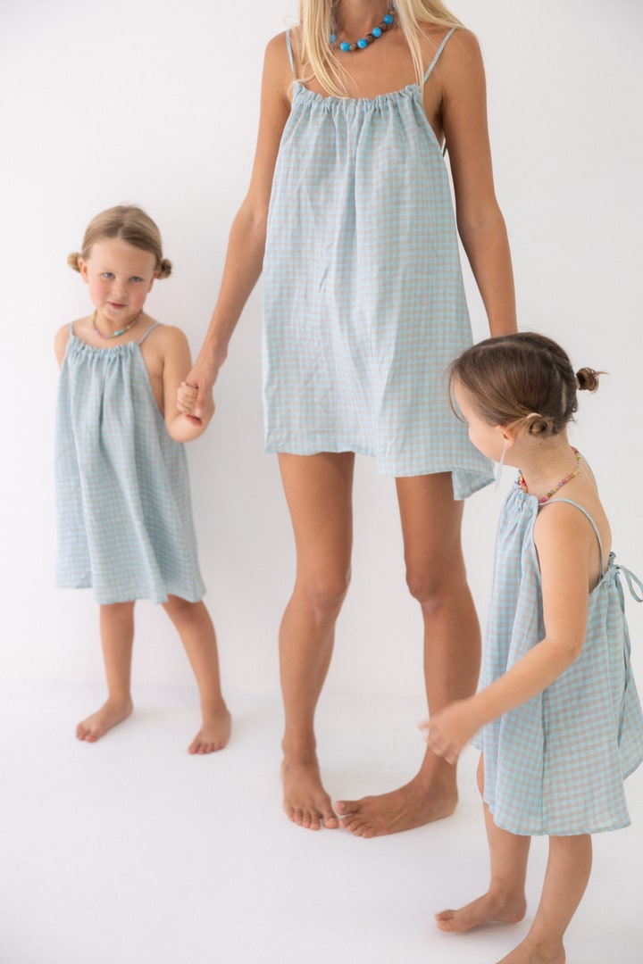 Girls Linen Dress - Blue Check