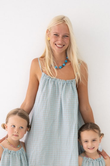 Linen Mini Dress - Blue Check