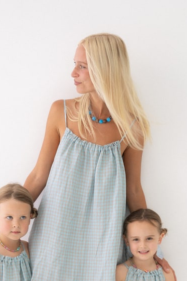 Linen Mini Dress - Blue Check
