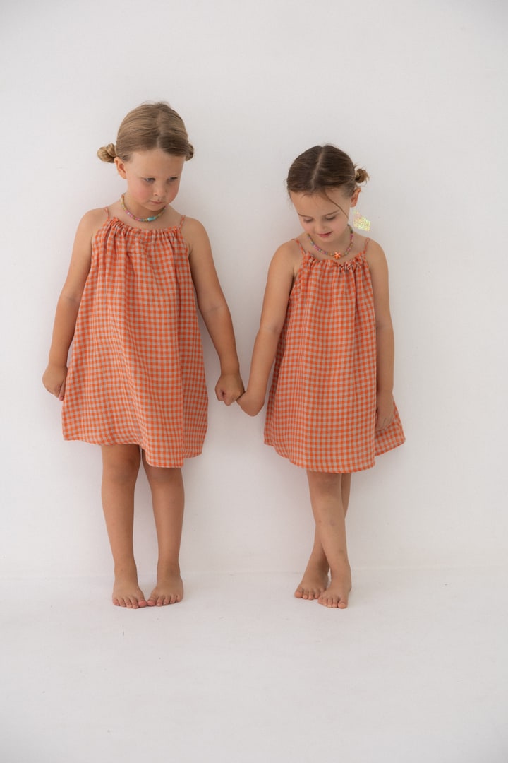 Girls Linen Dress - Peach Check