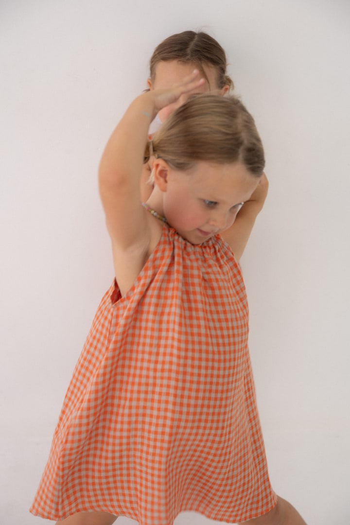 Girls Linen Dress - Peach Check