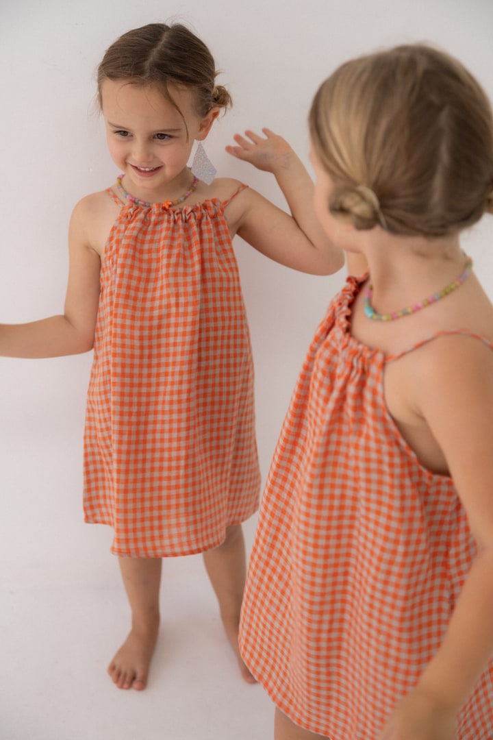 Girls Linen Dress - Peach Check