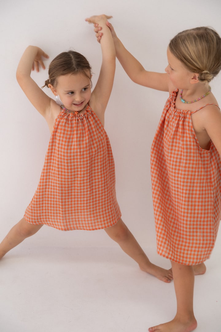 Girls Linen Dress - Peach Check