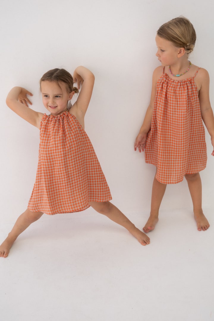 Girls Linen Dress - Peach Check