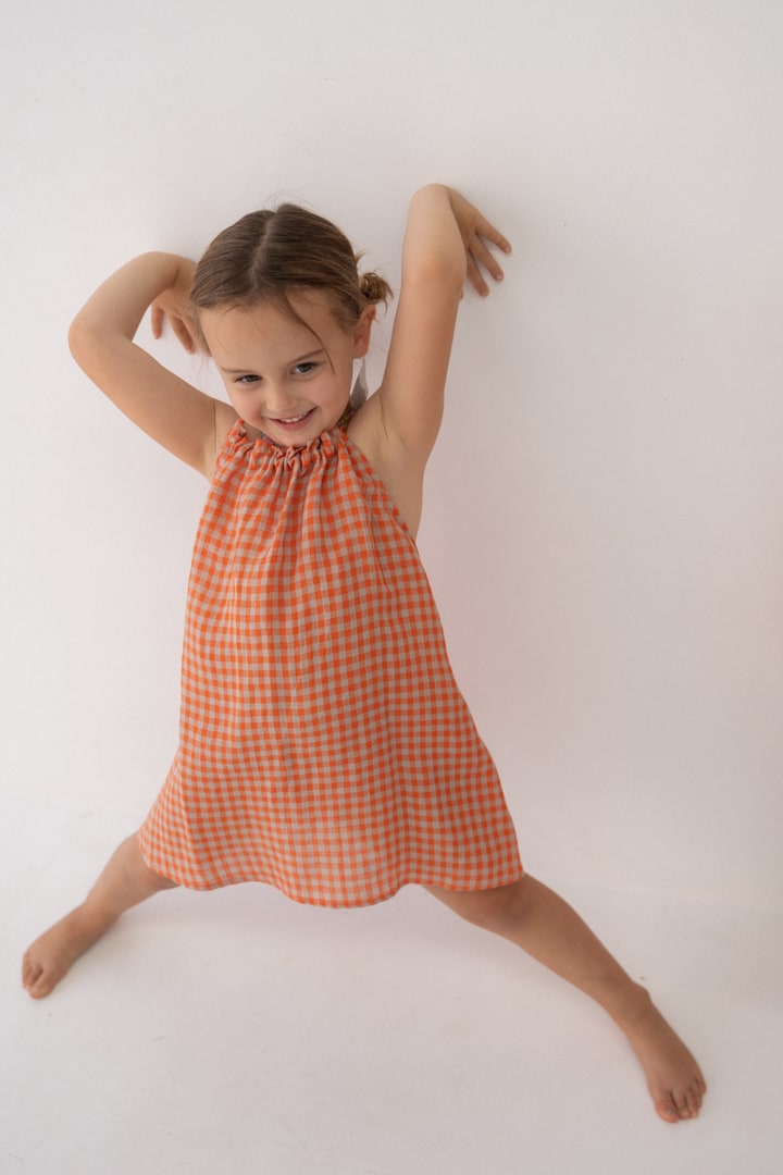 Girls Linen Dress - Peach Check
