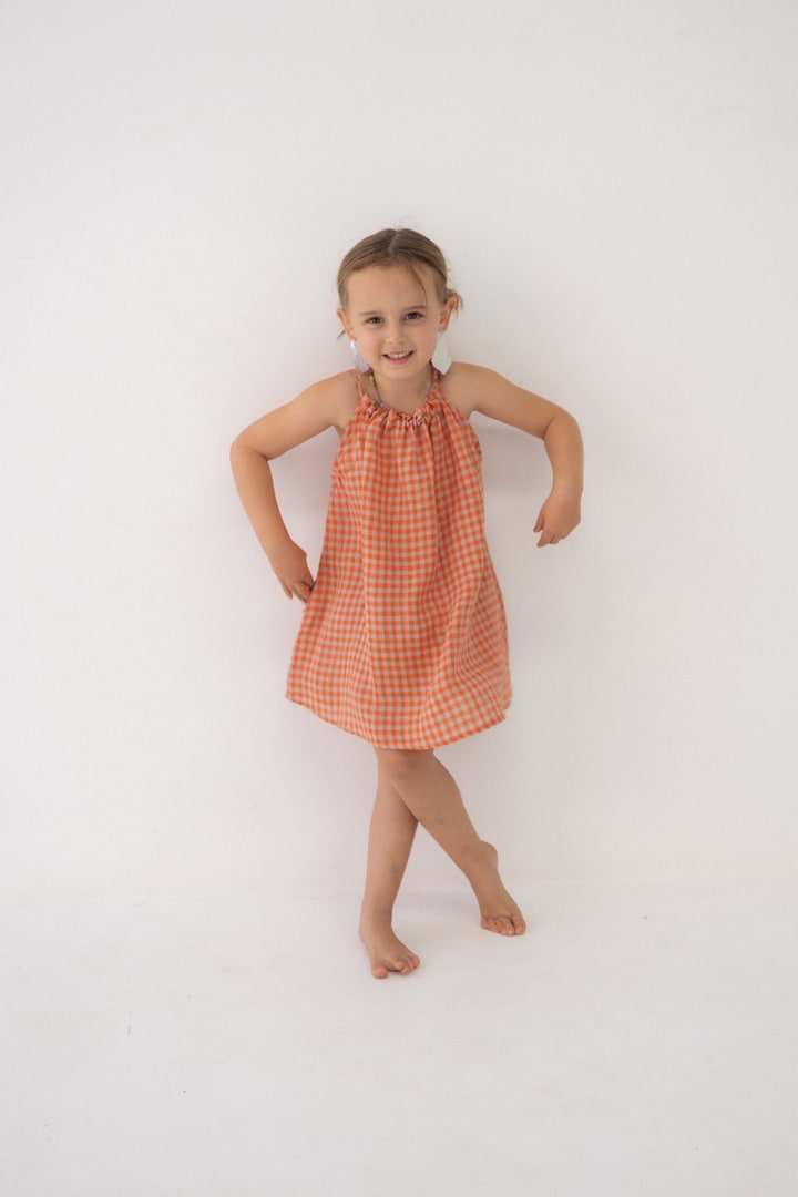 Girls Linen Dress - Peach Check