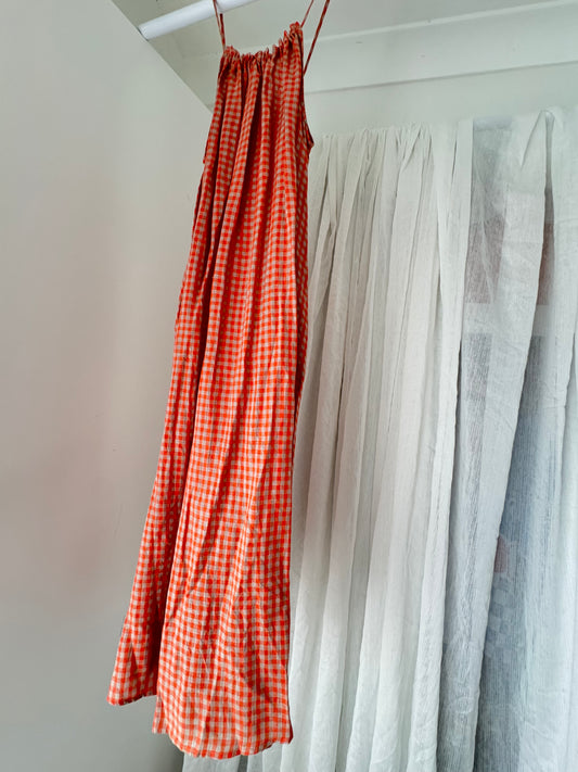 Linen Maxi Dress - Peach Check
