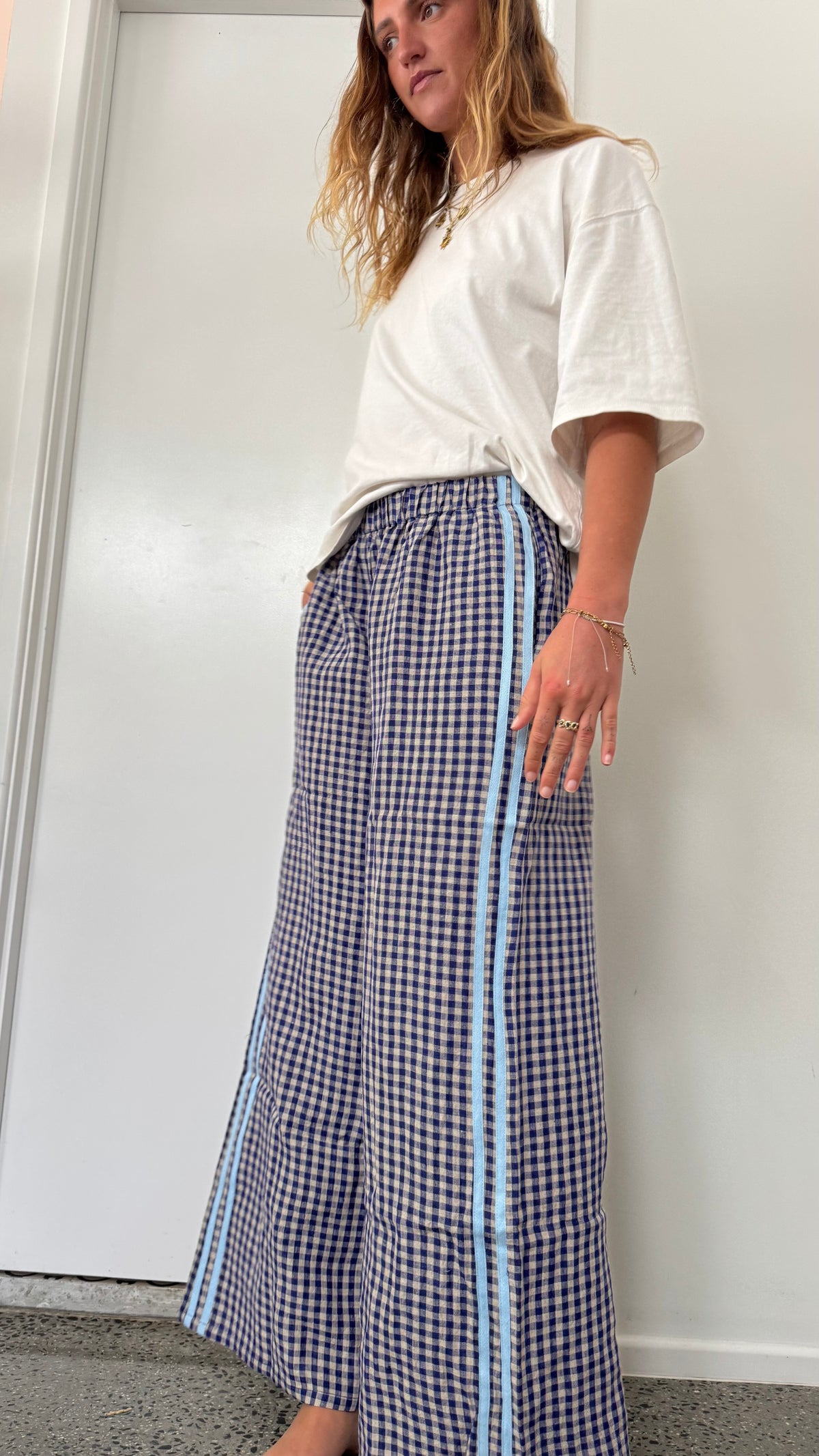 100% Linen Pant - Navy Blue Check