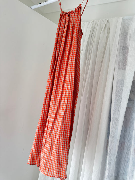 Linen Maxi Dress - Peach Check