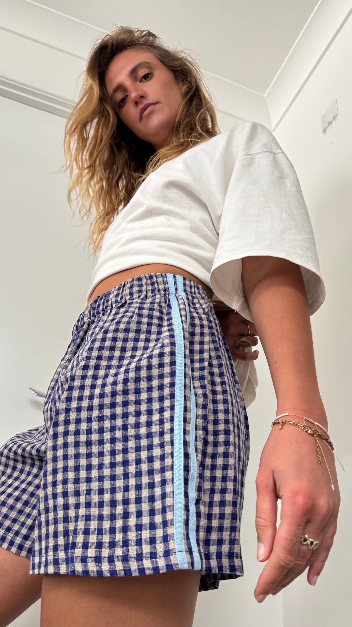 100% Linen Short - Navy Blue Check