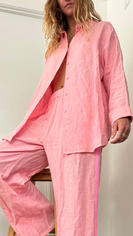 100% Linen Oversized Shirt - Coral Pink
