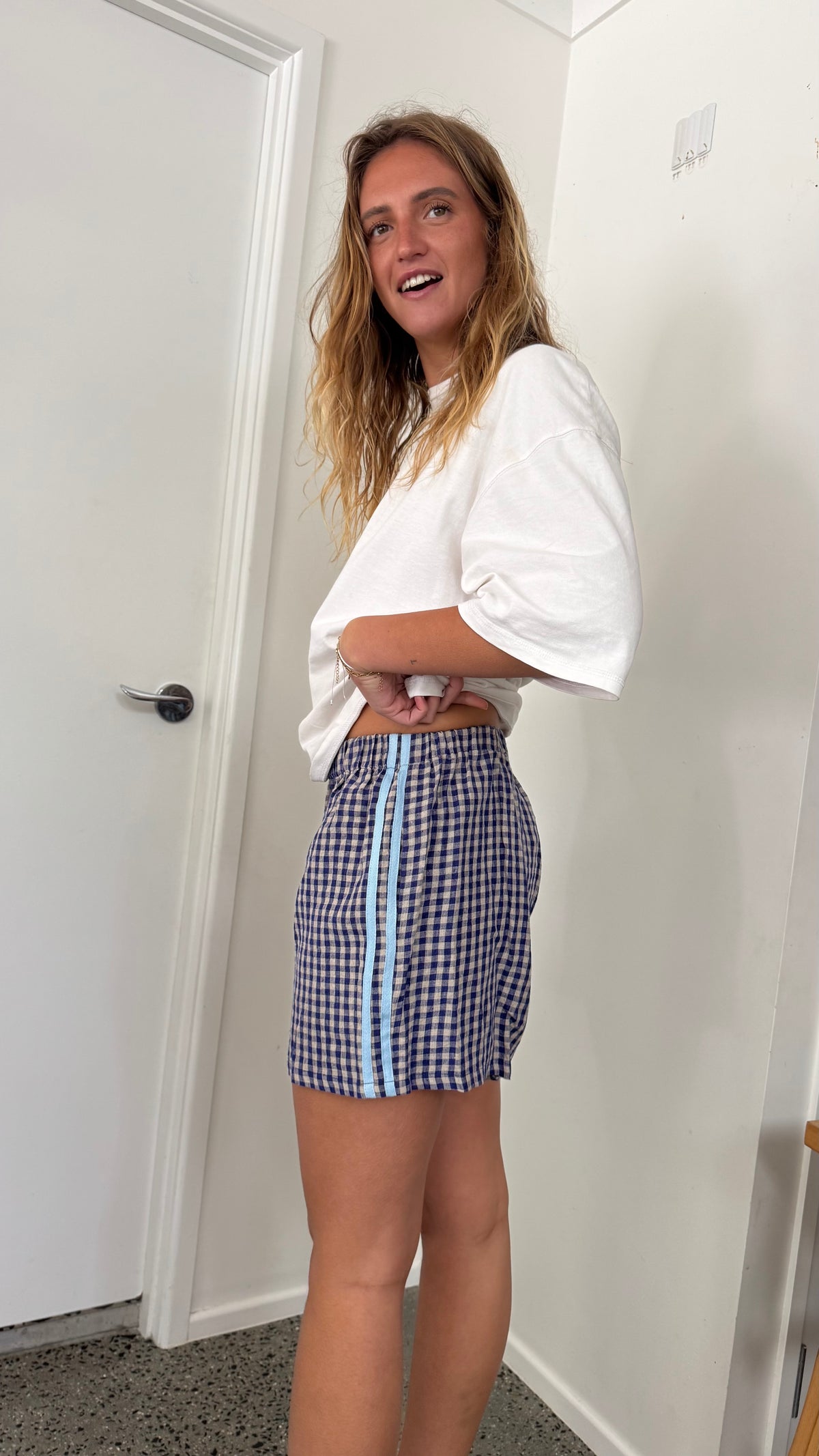 100% Linen Short - Navy Blue Check