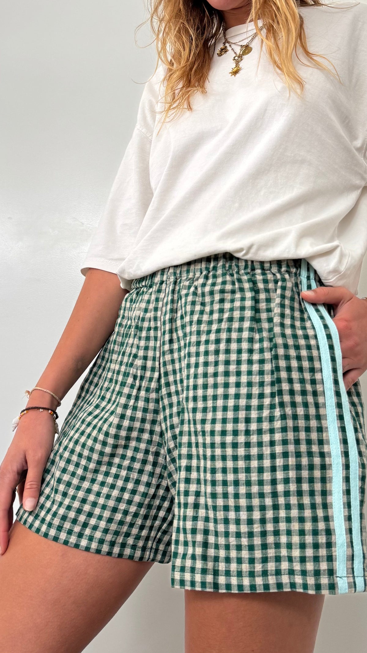 100% Linen Short - Green Check Short