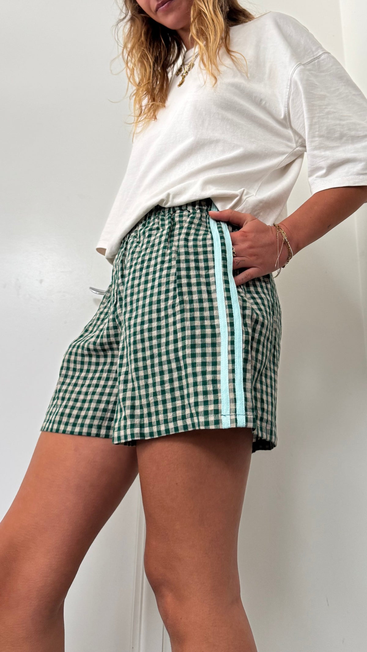 100% Linen Short - Green Check Short