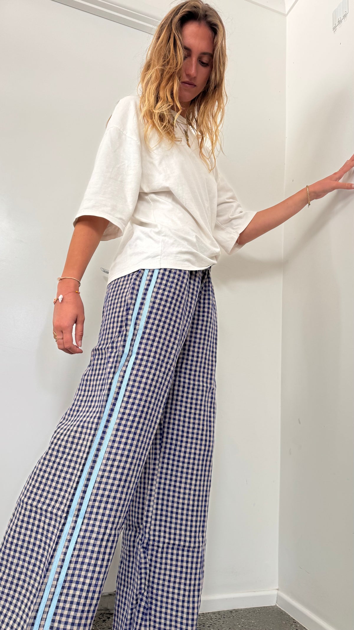 100% Linen Pant - Navy Blue Check