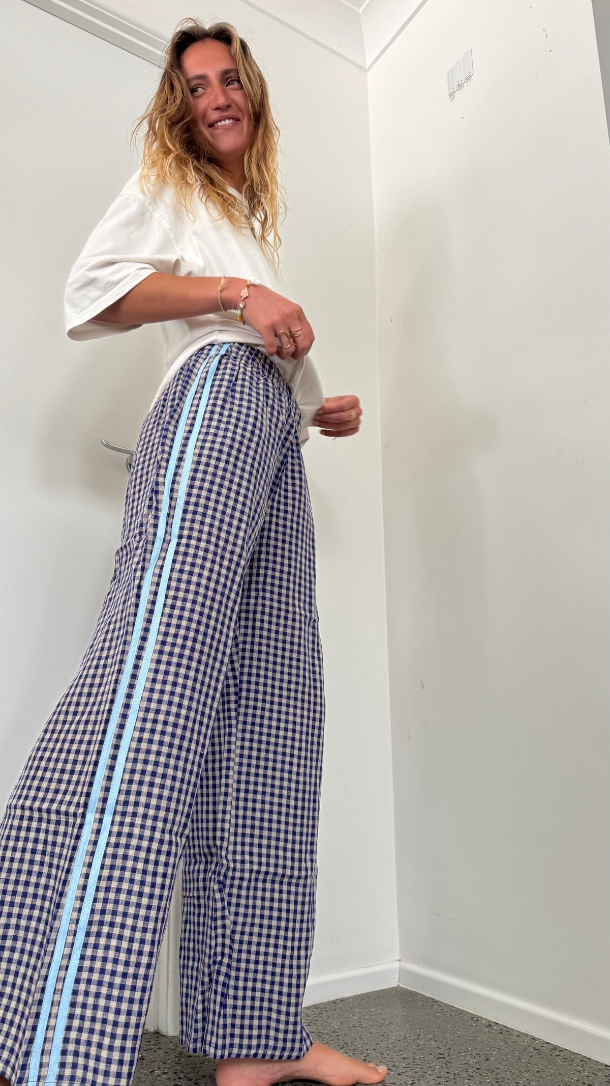 100% Linen Pant - Navy Blue Check