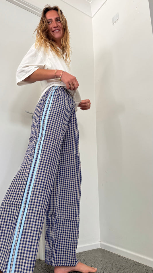 100% Linen Pant - Navy Blue Check
