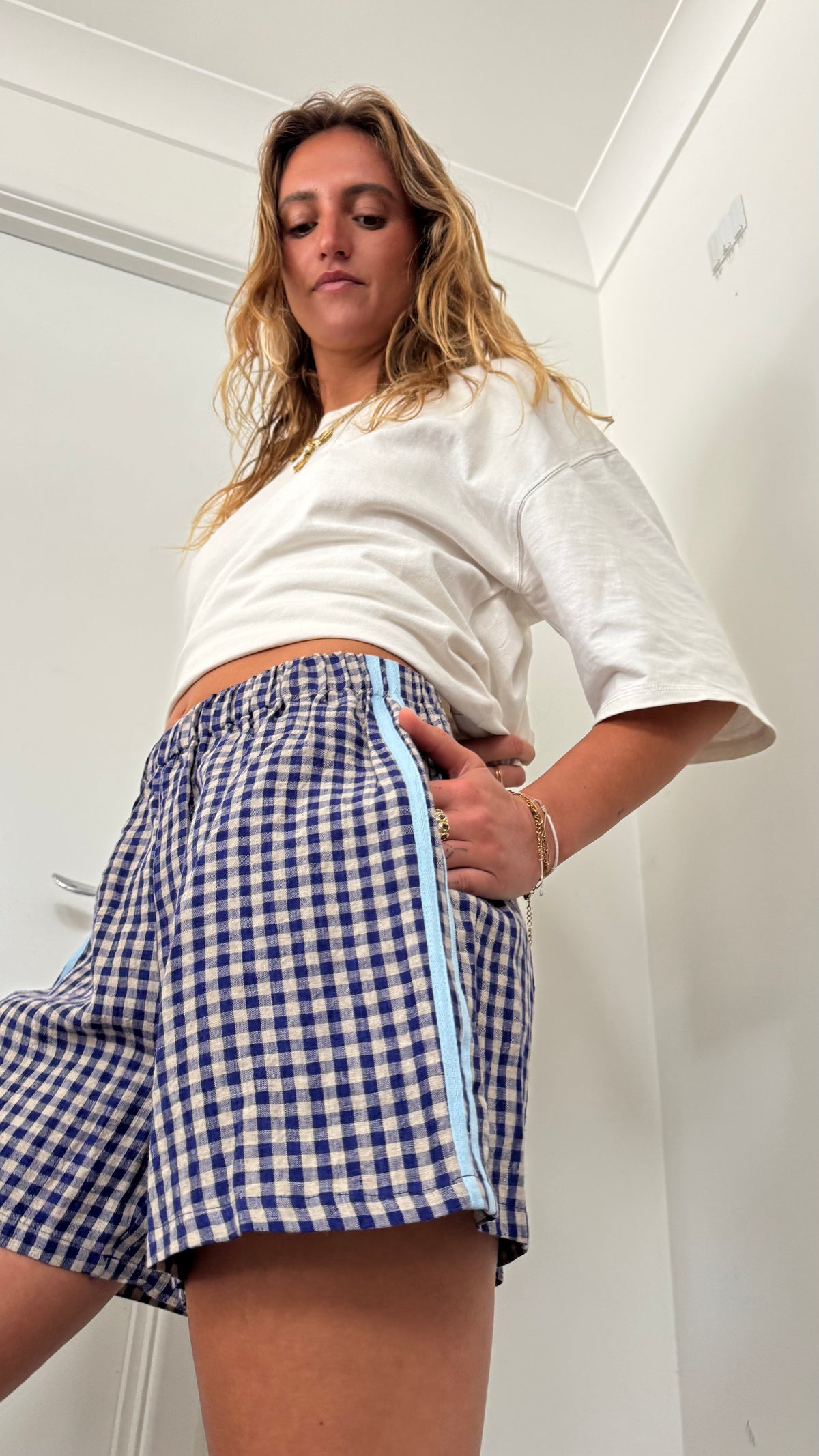 100% Linen Short - Navy Blue Check