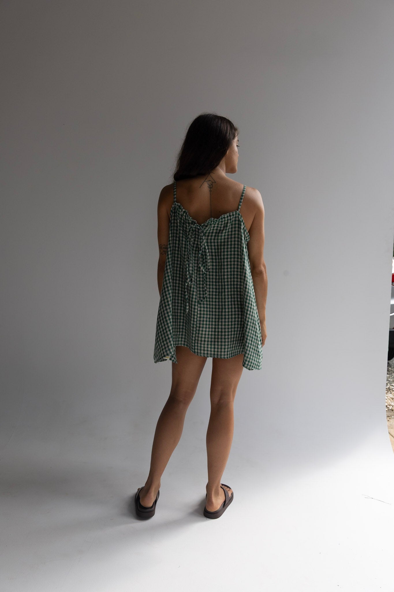 Linen Mini Dress - Green Check