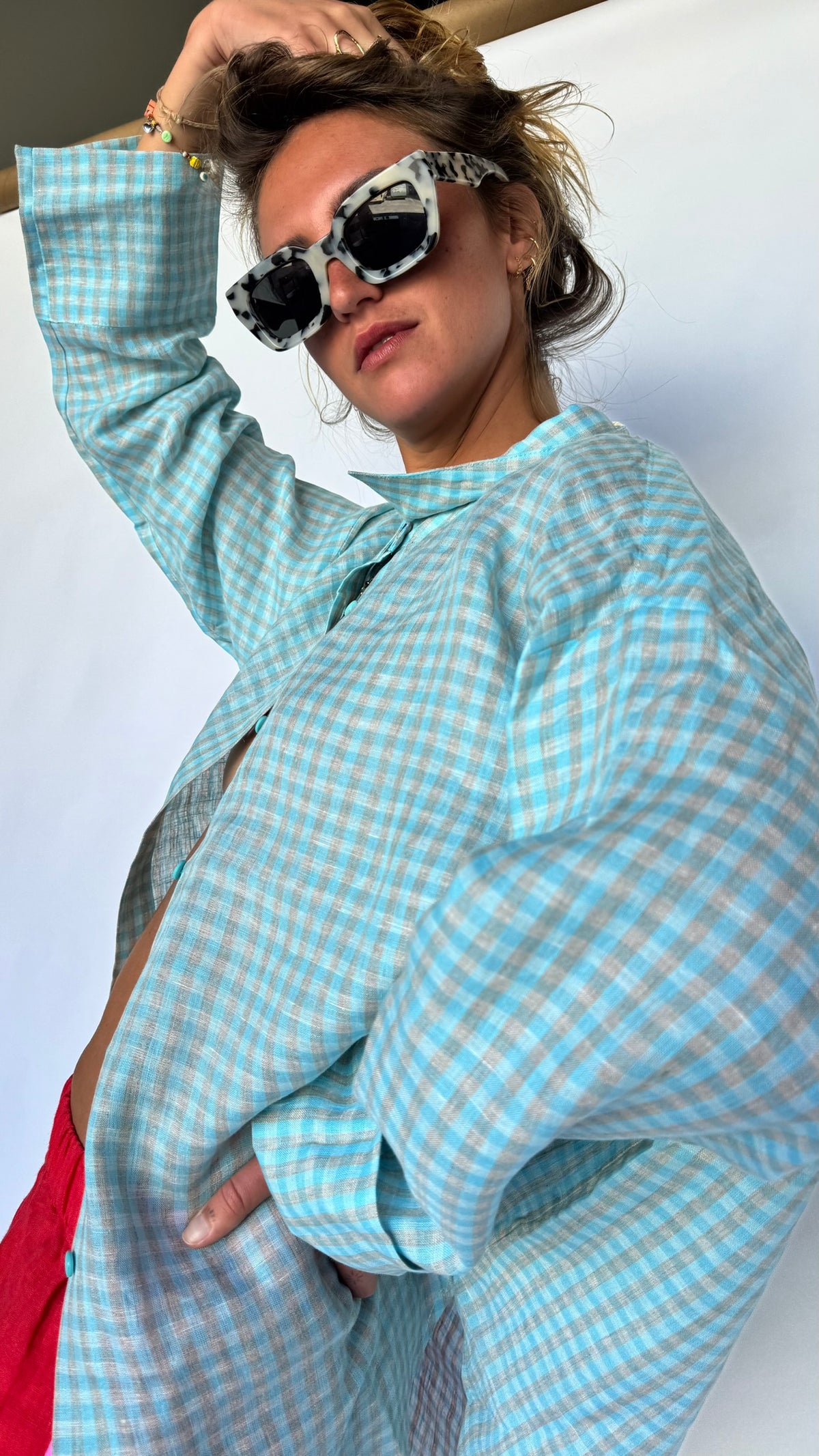 100% Linen Oversized Shirt - Light Blue Check