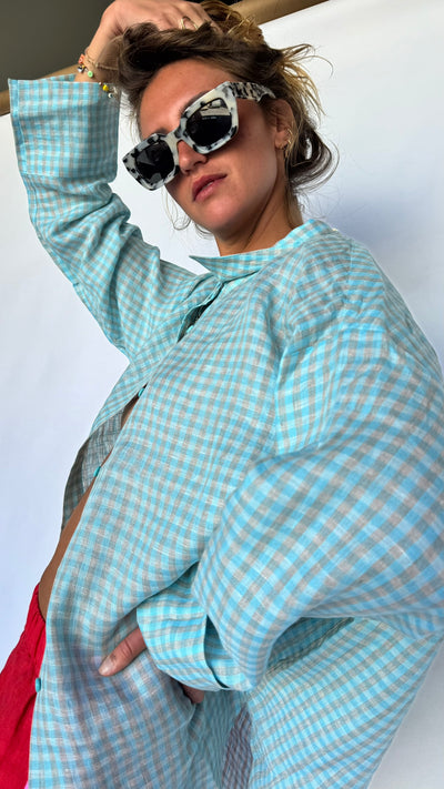 100% Linen Oversized Shirt - Light Blue Check