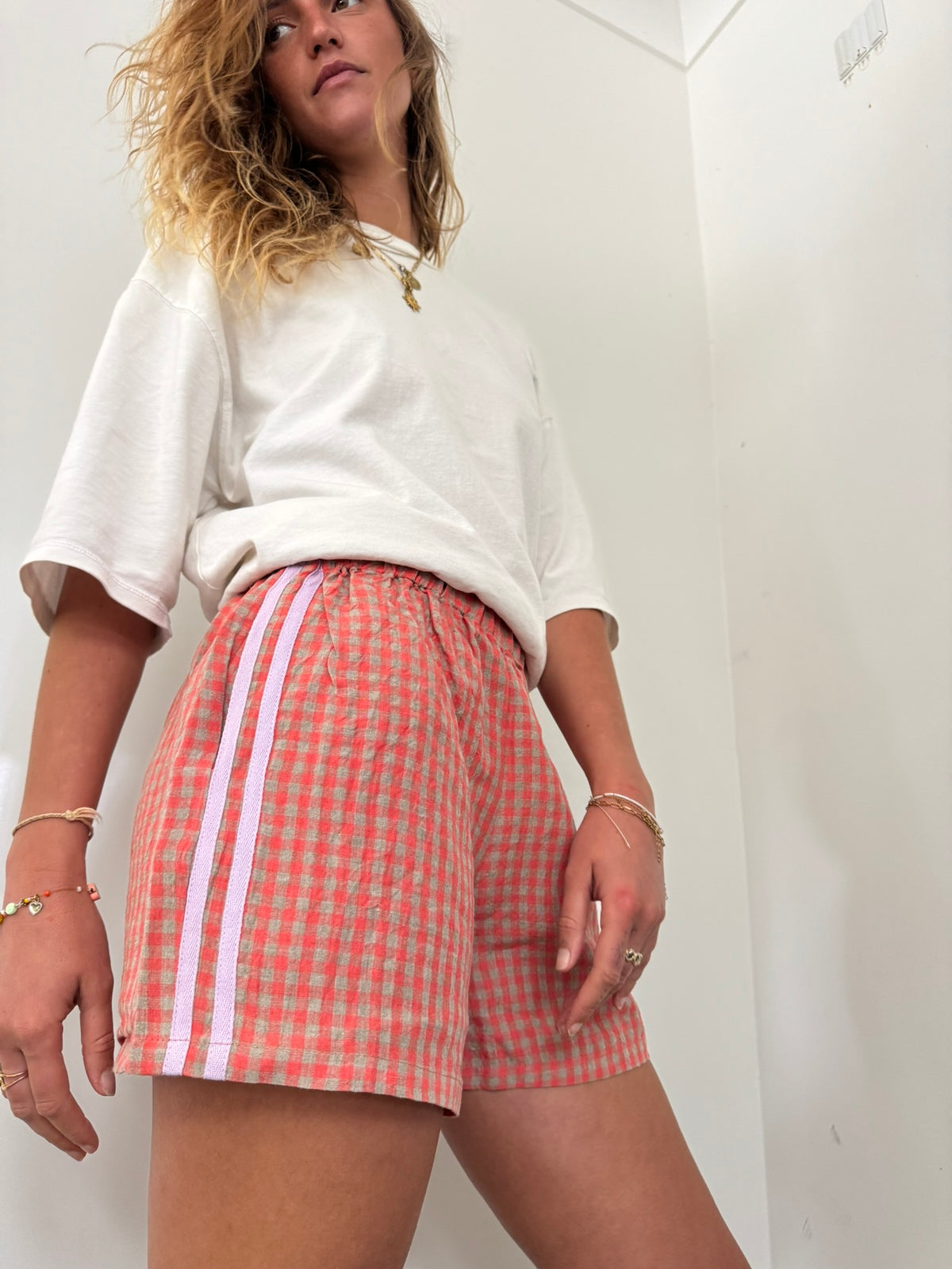 100% Linen Short - Peach Check (Lilac Stripe)
